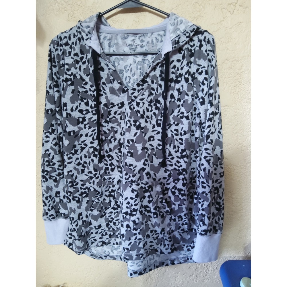 Cuddl Duds Womens Gray Leopard Print V-Neck Pullover Hoodie Sweatshirt Small